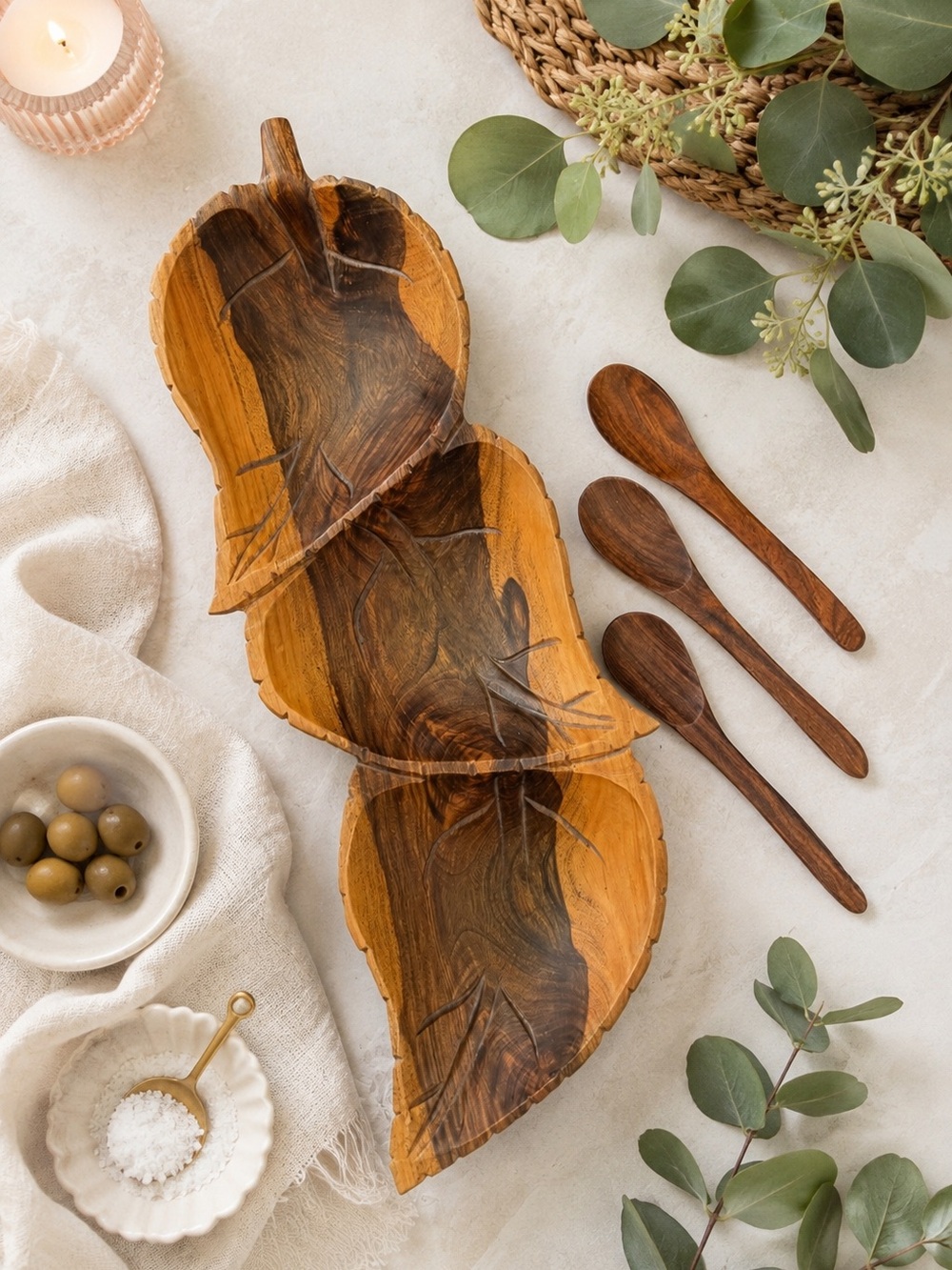 Monkey Pod Wood Leaf Serving Set with 3 Spoons